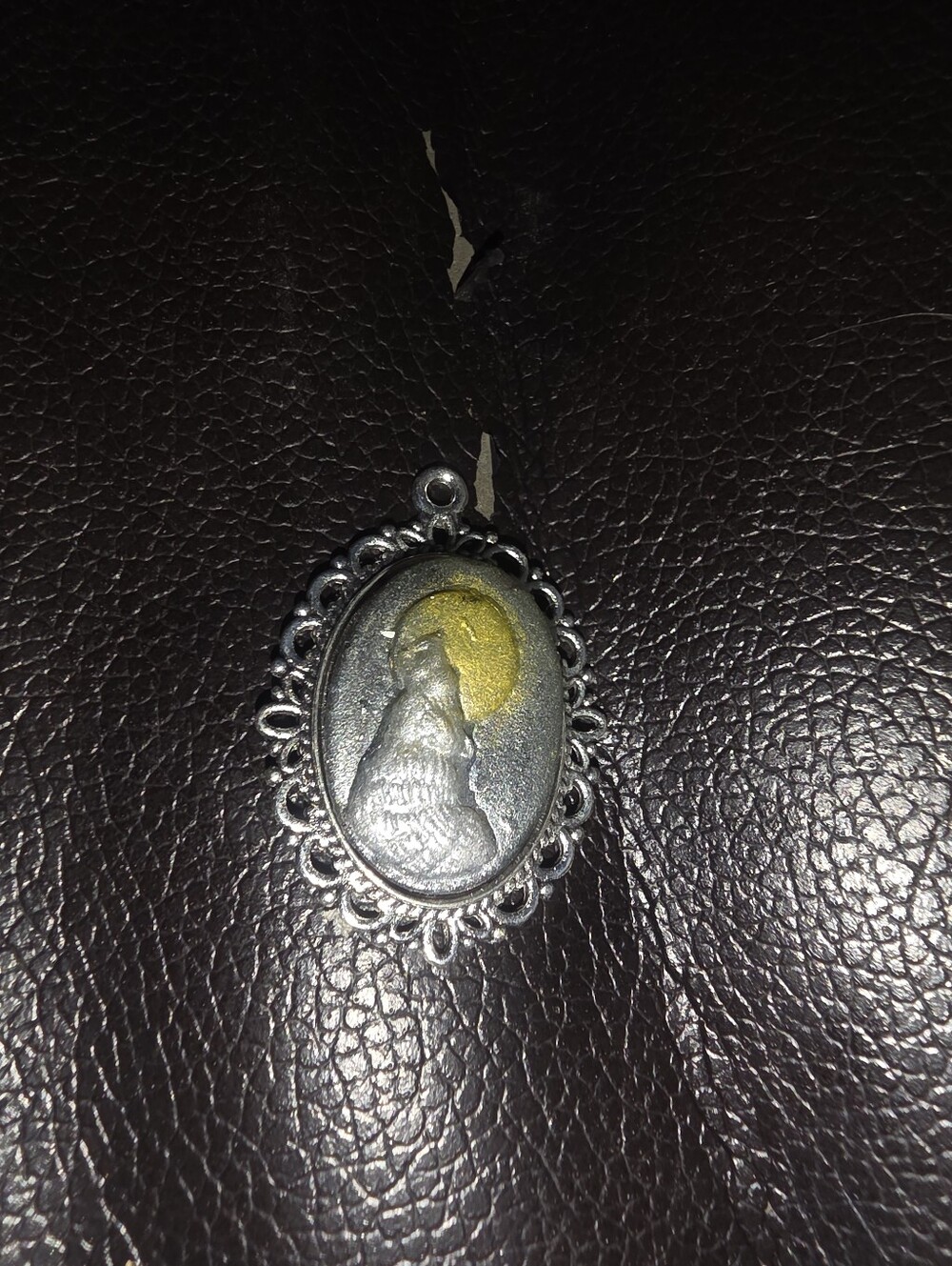 Wolf Howling At Moon On Silver Tone Necklace Pendant